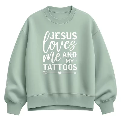 Женская толстовка Jesus Loves Me And My Tattoos из флиса Оверсайз Crew Sweatshirt seafoam