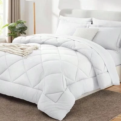 Комплект постельного белья King Size белого цвета - 7 предметов, Роскошное мягкое постельное белье с альтернативным пуховым одеялом, Простыни, наволочки белого цвета