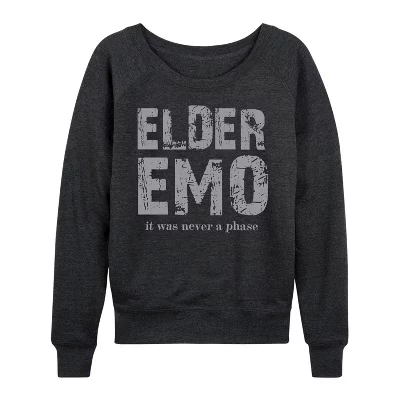 Женская футболка Elder Emo Never A Phase из легкого французского махрового материала с широким вырезом и длинными рукавами в графическом стиле heather charcoal