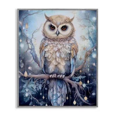 Сова на мерцающей ветке в рамке Giclee Art gray