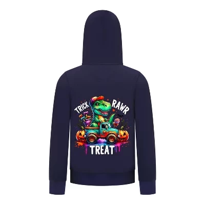 Толстовка с капюшоном на Хэллоуин с изображением динозавра “Trick RAWR Treat” – Симпатичный рисунок грузовика T-Rex – Забавная осенняя толстовка на молнии для мальчиков, темно-синий