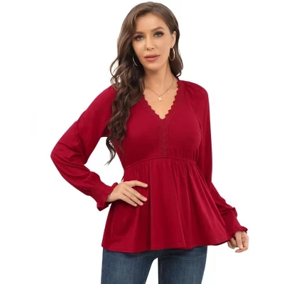 Womens Tops Long Sleeve Fall Shirts Babydoll Peplum Tops for Women V Neck Tunic Dressy Casual Blouses burgundy