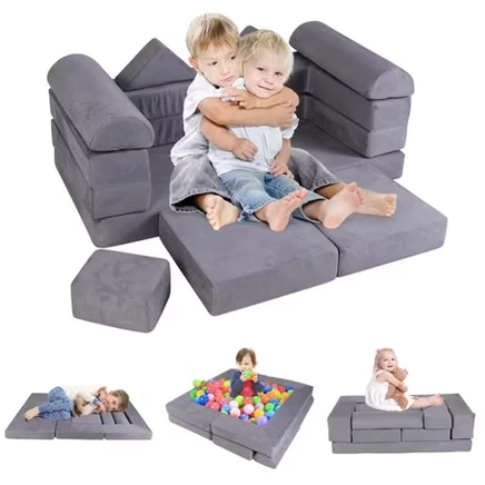 Kids Modular Play Couch Play Set with Suede Fabric Cover High-Density Foam Beige/Gray/Pink gray