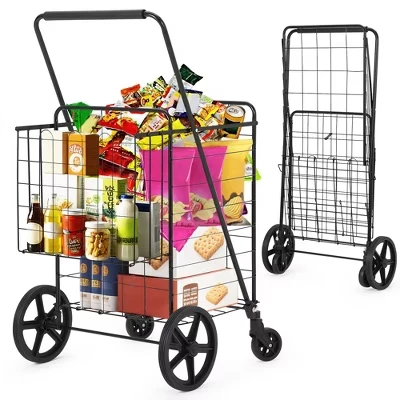 Складная тележка для покупок на колесиках Складная тележка для продуктов на колесиках с двойной корзиной с задней корзиной без ткани