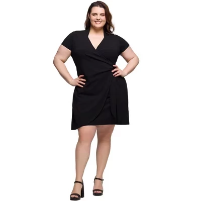 Plus Size Mandarin Collar Knee Length Wrap Dress - ™ black