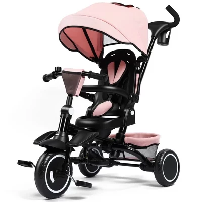 7-in-1 Kids Tricycle with Canopy, Adjustable Push Handle, One-Touch Brake, Lockable Front Wheel, All-Terrain Tires & Storage pink