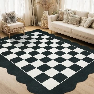 8x10 Living Room Washable Carpet, Wavy White Carpet, Bedroom Carpet, Slip Proof Carpet, Dining Room Carpet, Apartment, Baby Room, Black and White multicolor