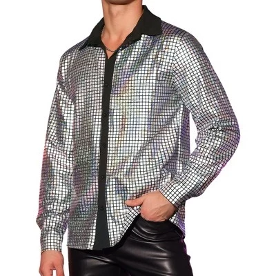 Мужские блестящие рубашки для вечеринок в ночном клубе на пуговицах с длинными рукавами серебристого цвета