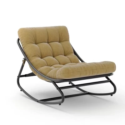 Oversized Papasan Rocking Chair, Recliner with Comfy Thick Cushion, 450 lbs Capacity, Comfortable Weather-Resistant Indoor Outdoor Patio Lounge tan