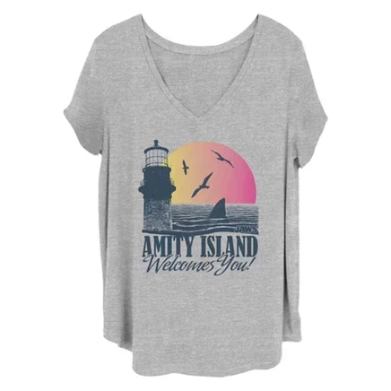 Женская футболка Jaws с принтом Amity Island Tourist, серый меланж