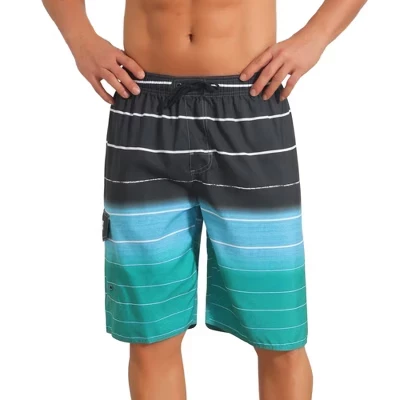 Men's Striped Drawstring Waist Vacation Long Board Shorts with Pockets black