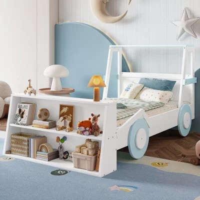 Twin Size Kids Car Bed with Storage Shelves, Race Car Platform Bed, Low Profile Safety Bed Frame - blue