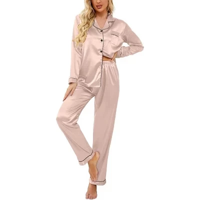 Women's Classic Button Down Long Satin Silk Pajama Set pink