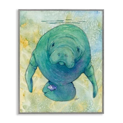 Зеленый Ламантин под водой в обрамлении Giclee Art gray