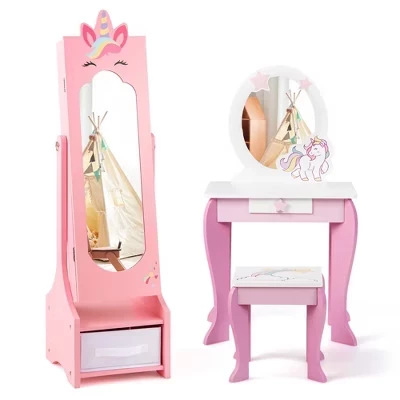 Детское трюмо Costway Princess с шкатулкой для украшений, розовое