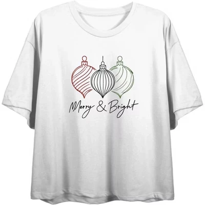 Женская укороченная футболка с круглым вырезом и коротким рукавом Merry & Bright Christmas Ornaments Line Art белого цвета
