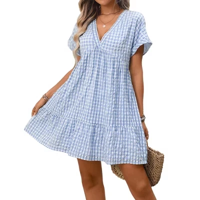 Женское клетчатое мини-платье Babydoll с рюшами, коротким рукавом и глубоким V-образным вырезом, струящиеся наряды для отдыха на природе светло-голубого цвета