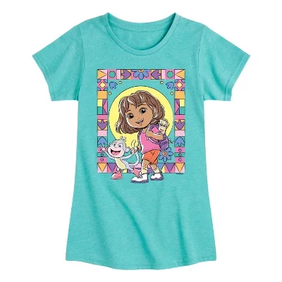Футболка для девочек - Dora The Explorer - Boots Mosaic с коротким рукавом и рисунком бирюзового цвета