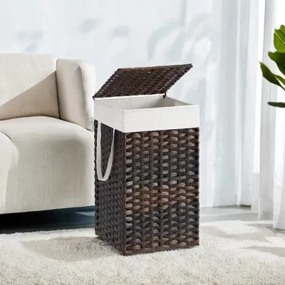 Корзина для белья с крышкой из ротанга емкостью 17,2 галлона, Корзина для белья с крышкой и ручками, Складная съемная подкладка для прачечной коричневого цвета