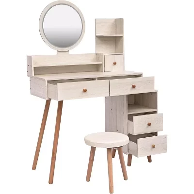 Modern Vanity Table and Stool Set - Touch Control LED Mirror with 5 Drawers for Bedroom and Dressing Room (White Oak) white