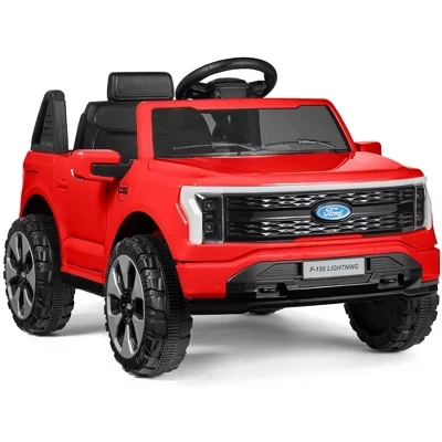Дети катаются на официально лицензированном грузовике Ford Lightning Truck с дистанционным управлением, светодиодные фонари красного цвета.