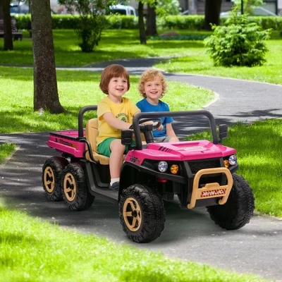 Поездка на грузовике, 2-местный Детский электрический самосвал 24 В, 4WD UTV - Родительский пульт дистанционного управления, Электрическая самосвальная кровать и Bluetooth (6-колесный) розовый