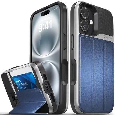 vCommute для Apple iPhone 16 Чехол-бумажник, чехол с подставкой, кожаный держатель для карт [Защита от падения военного класса], Синий