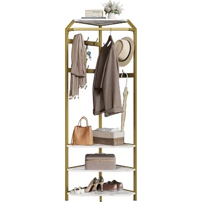 Hallway Coat Rack with 12 Double-Row Hooks and 4 Storage Shelves,Multifunctional Clothes Rack and Shoe Organizer Perfect for Entryway, Hallway gold