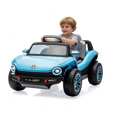 Лицензионный детский электромобиль Volkswagen Beetle 12V, четырехколесный аттракцион на игрушке с пружинной подвеской, светодиодной подсветкой и музыкальным плеером синего цвета