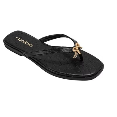 bebe Women’s Flat Sandals – Cute Summer Sandals for Women, Stylish Beach Shoes and Flats with Ribbon black