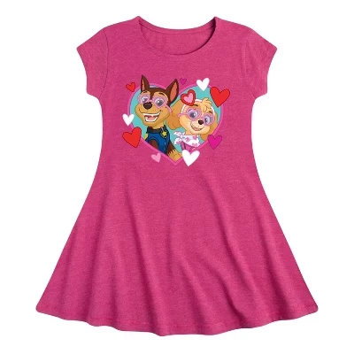 Платье для девочек - Paw Patrol - Chase Sky Hearts Fit & Flair с коротким рукавом и графическим принтом цвета Хизер фуксия