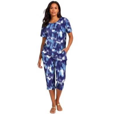 Топ Henley из 2 предметов с принтом большого размера и комплект капри soft sky ikat