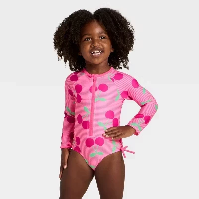 Цельный полосатый купальник Cherry Rash Guard с длинными рукавами для маленьких девочек - ™ Ярко-розовый