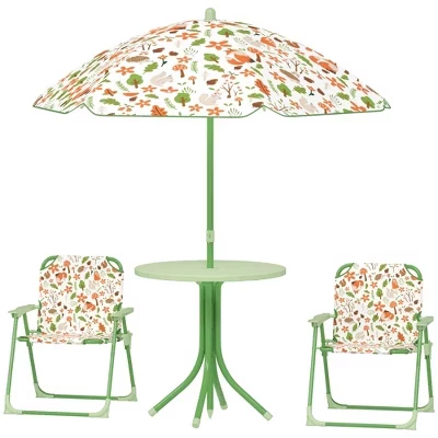 Kids Picnic Table and Chair Set, Outdoor Activity Table with Foldable Chairs, Removable Umbrella for Backyard green