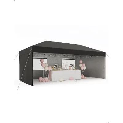 Сверхпрочная всплывающая палатка с навесом 10x20 с 4 боковыми стенками, мгновенной установкой одним нажатием, верхом с серебристым покрытием, мешками с песком и переносной сумкой на роликах для пляжа и активного отдыха черного цвета