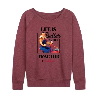 Женская рубашка - - Life Is Better On A Tractor Легкая махровая рубашка с широким вырезом и длинными рукавами с графическим рисунком цвета хизер бордовый