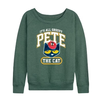Женская рубашка It's All Groovy Collegiate из легкого французского махрового материала с широким вырезом и длинными рукавами и графическим рисунком heather juniper