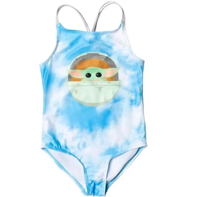 Цельный купальник Mandalorian Grogu Girls UPF 50+ от Little Kid до Big Kid синего цвета
