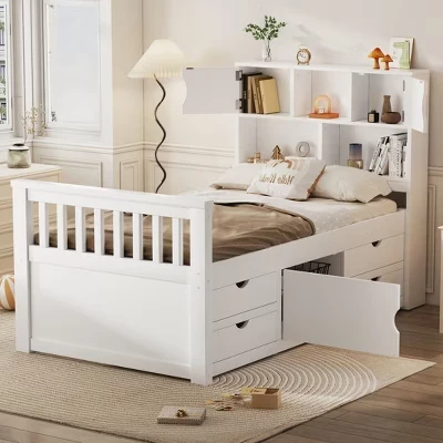 Каркас кровати Captain Platform Twin Size с книжным шкафом в изголовье и 4 выдвижными ящиками, пружинный блок не требуется - белый