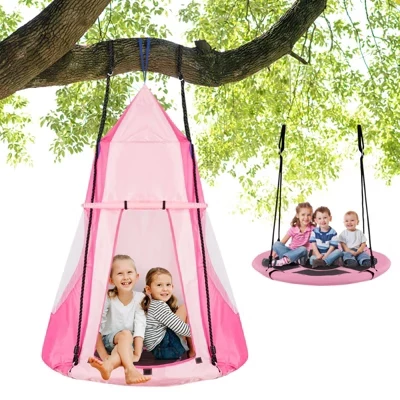 Детский подвесной тент-качели Gymax Kids 2-в-1 Съемный Подвесной домик-палатка с качелями-блюдцами размером 40 см ± Регулируемые качели-шатры Розовый / Оранжевый / Зеленый / сине-розовый