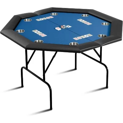 Складной покерный стол Octagon на 8 игроков со складными ножками и подстаканниками из нержавеющей стали, Игровой стол в стиле казино, для домашних посиделок, Синий металлический кубок