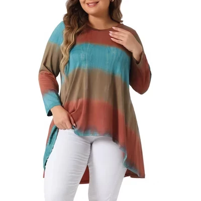 Женская повседневная футболка-туника Tie Dye с круглым вырезом и длинными рукавами большого размера - оранжевый