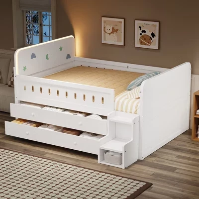 Wooden Full Size Platform Bed with LED Light, Solid Wood Storage Bedframe with 4 Storage Drawers with Stairs for Boys and Girls Adults white