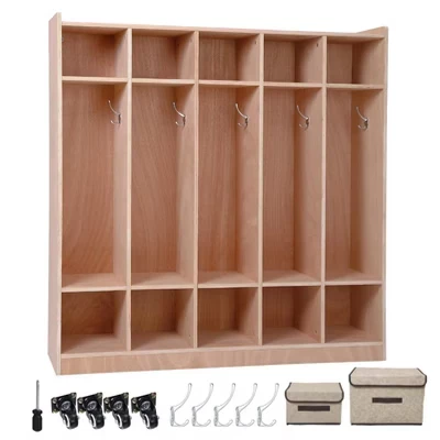 5 Section Wooden Kids Coat Locker Cubby with 5 Hooks, 4 Wheels, 2 Organizers, Toddler Sized Daycare Storage Cubbies for Home, School, Kindergarten natural