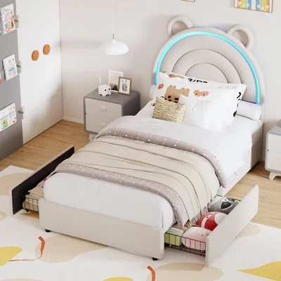 Каркас кровати Twin Size с 4 выдвижными ящиками для хранения вещей, обитая бархатом кровать-платформа с радужным изголовьем для детей/мальчиков, опора из ламелей из цельного дерева