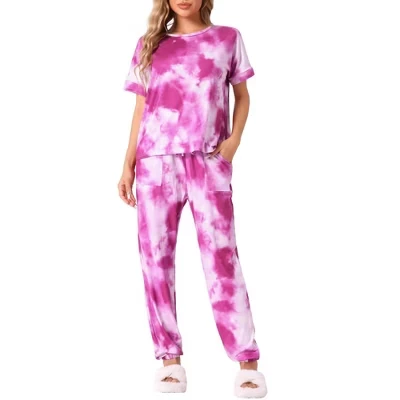 cheibear/ женская мягкая футболка с коротким рукавом и брюками Tie Dye из 2 предметов, пижамный комплект с круглым вырезом, летние комплекты для отдыха, роза