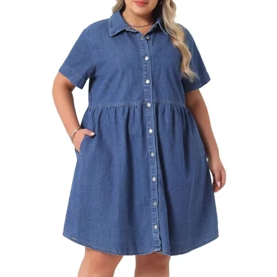 Женская джинсовая сорочка Babydoll с многослойными джинсовыми рубашками на пуговицах с коротким рукавом синего цвета