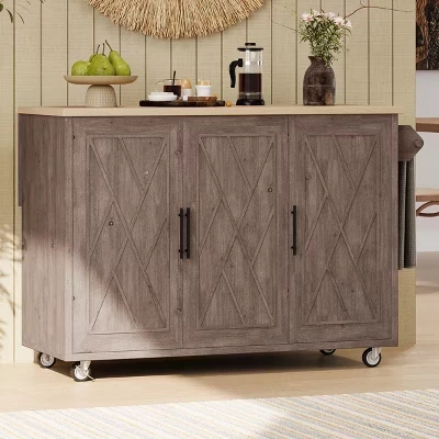 Rolling Black Drop Leaf Wood Tabletop 51 in. Kitchen Island Cart with Internal Storage Rack, Adjustable Shelves brown