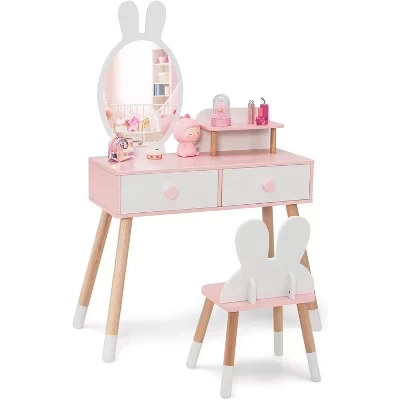 BALHAM TRADE-Rabbit Themed Kids Vanity Set White Wooden Makeup Table Chair w 2 Large Drawers white