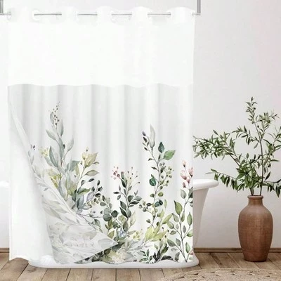 Занавеска для душа Liner Green Eucalyptus Leaves, 72x72 дюйма, Водонепроницаемая, с прозрачным верхом, Двухслойная многоцветная, Роскошная для отеля